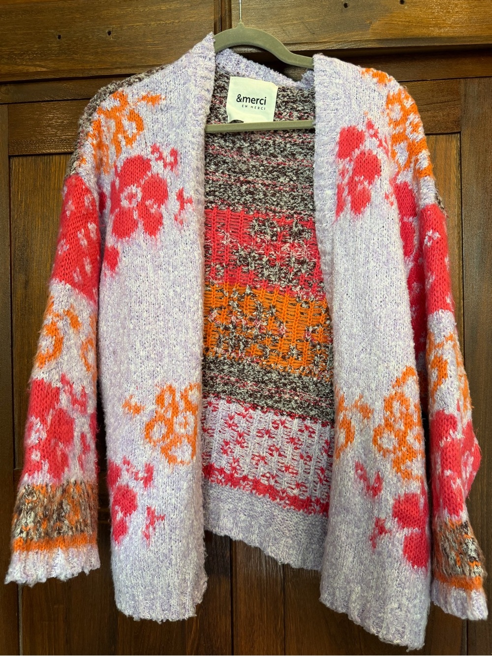 Floral Patchwork Fuzzy Knit Cardigan - Pink & Lavender - Picture 2 of 3
